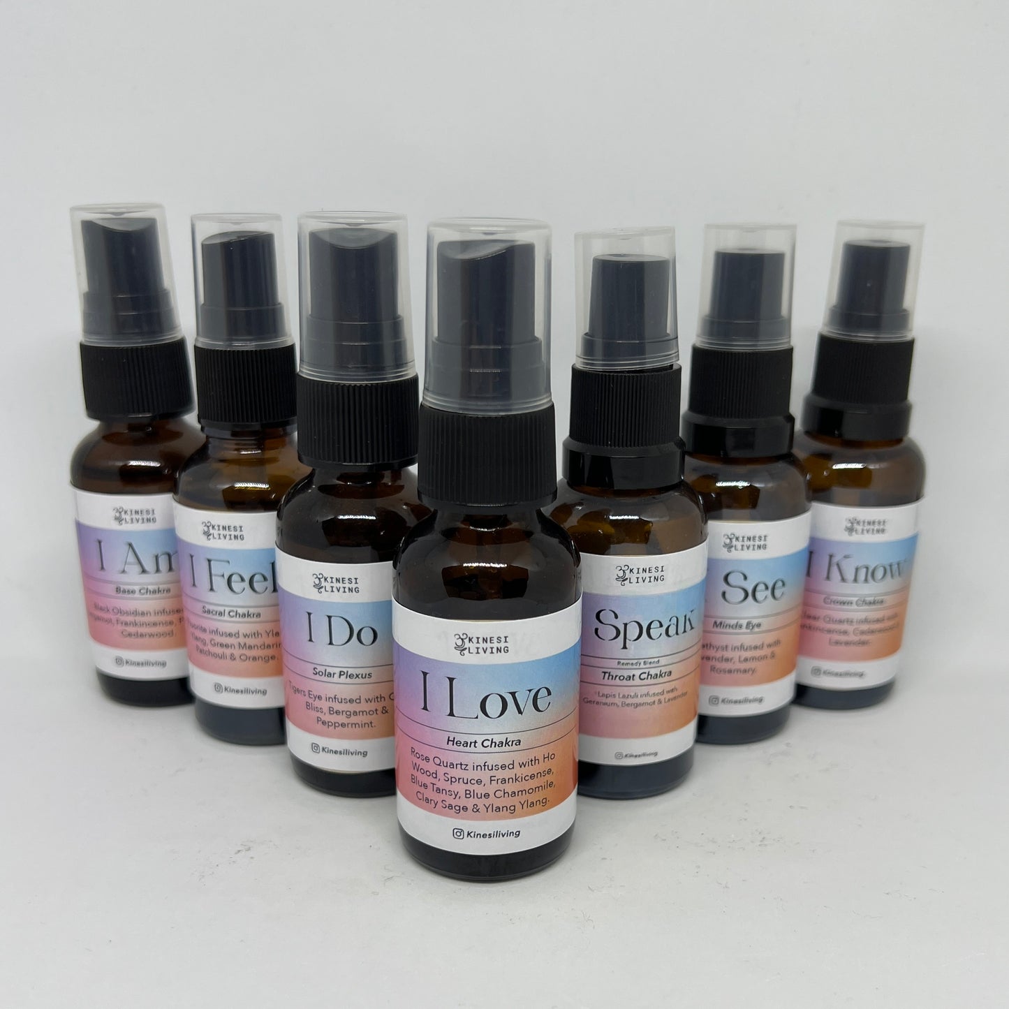Chakra Balancing essential oil set 7 bottles crystal infused - complete energy wellness aromatherapy Australia EMK Practitioner created