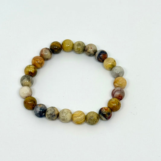 Crazy lace agate laughter stone bracelet on white background - happiness crystal jewelry Australia