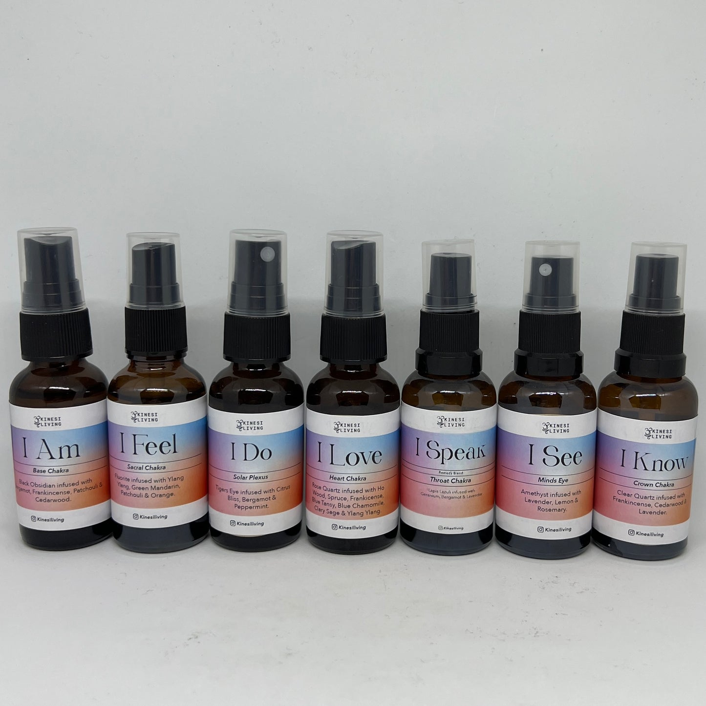 Chakra Balancing essential oil set 7 bottles crystal infused - complete energy wellness aromatherapy Australia EMK Practitioner created