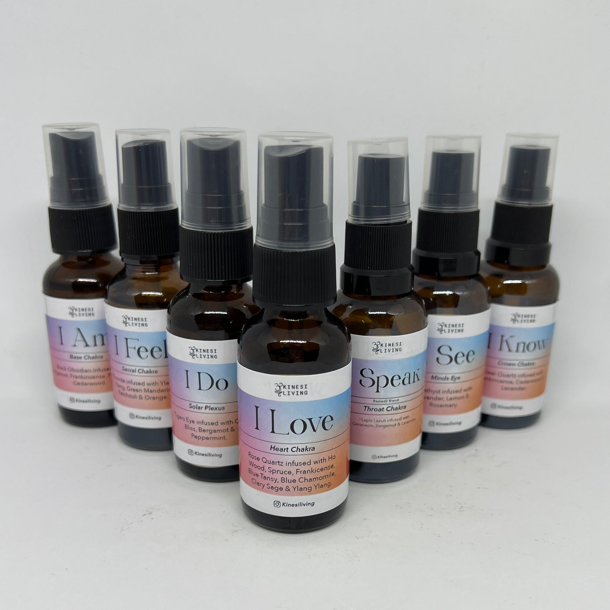 Chakra Balancing essential oil set 7 bottles crystal infused - complete energy wellness aromatherapy Australia EMK Practitioner created