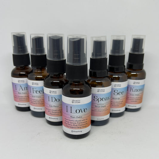 Chakra Balancing essential oil set 7 bottles crystal infused - complete energy wellness aromatherapy Australia EMK Practitioner created