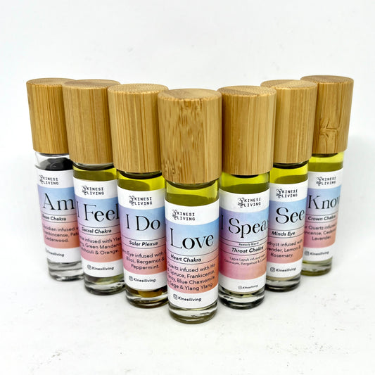 Chakra Balancing 10ml roller set 7 bottles crystal infused - personal energy wellness aromatherapy Australia EMK Practitioner portable