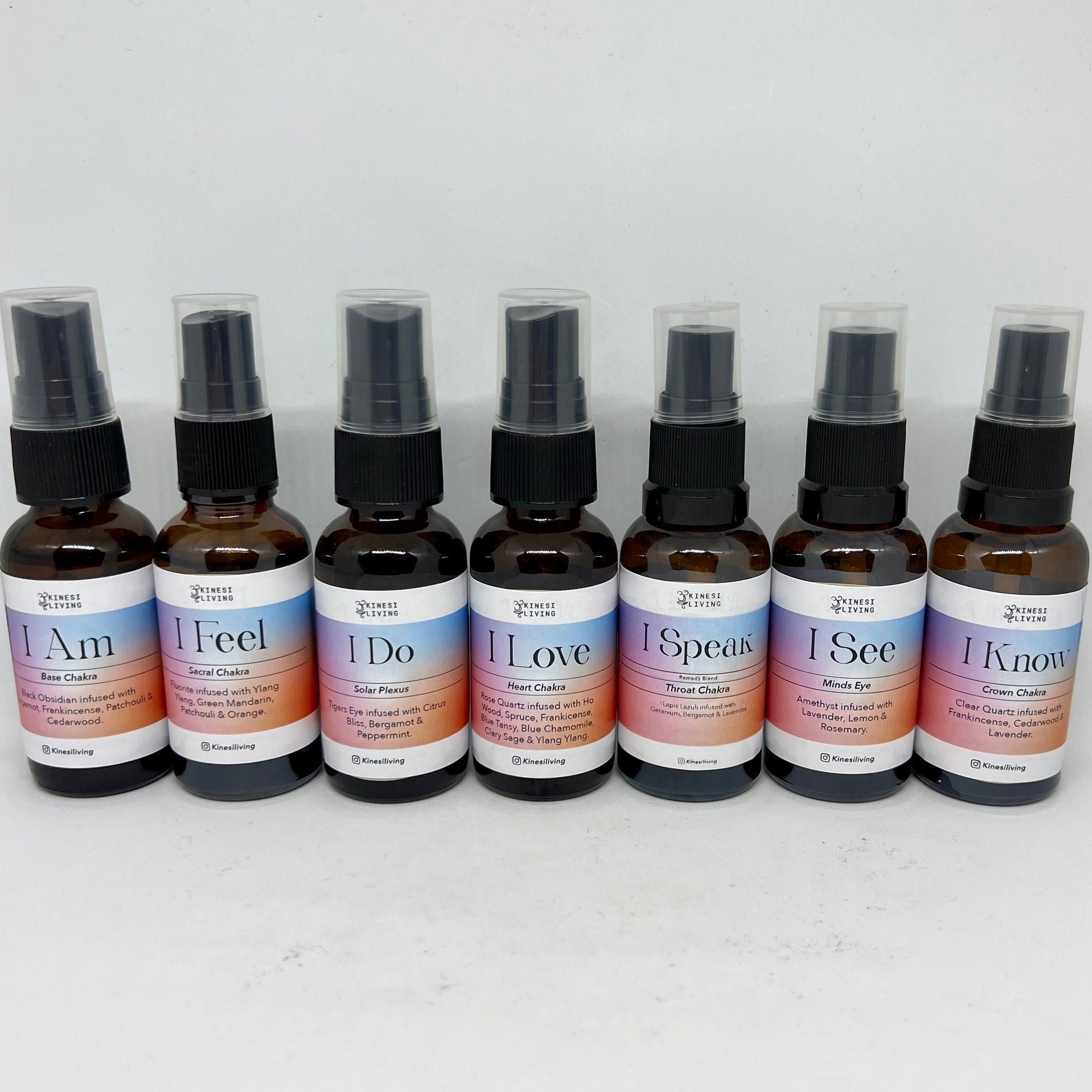 Chakra Balancing essential oil set 7 bottles crystal infused - complete energy wellness aromatherapy Australia EMK Practitioner created