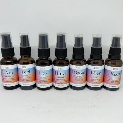 Chakra Balancing essential oil set 7 bottles crystal infused - complete energy wellness aromatherapy Australia EMK Practitioner created