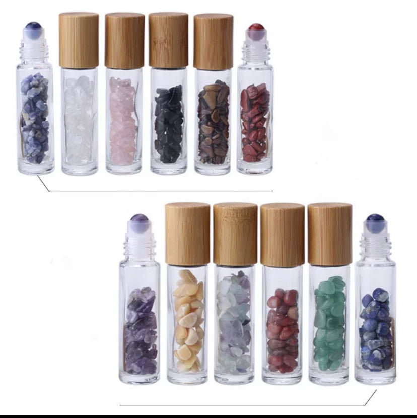 10ml crystal roller bottles for essential oils – amethyst, clear quartz, rose quartz, fluorite, red jasper, green aventurine, black obsidian, lapis lazuli, or empty – Kinesi Living DIY wellness