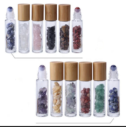 10ml crystal roller bottles for essential oils – amethyst, clear quartz, rose quartz, fluorite, red jasper, green aventurine, black obsidian, lapis lazuli, or empty – Kinesi Living DIY wellness