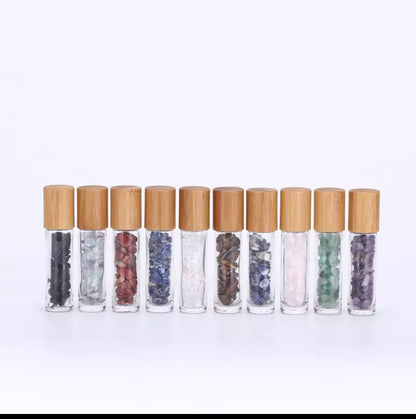 10ml crystal roller bottles for essential oils – amethyst, clear quartz, rose quartz, fluorite, red jasper, green aventurine, black obsidian, lapis lazuli, or empty – Kinesi Living DIY wellness