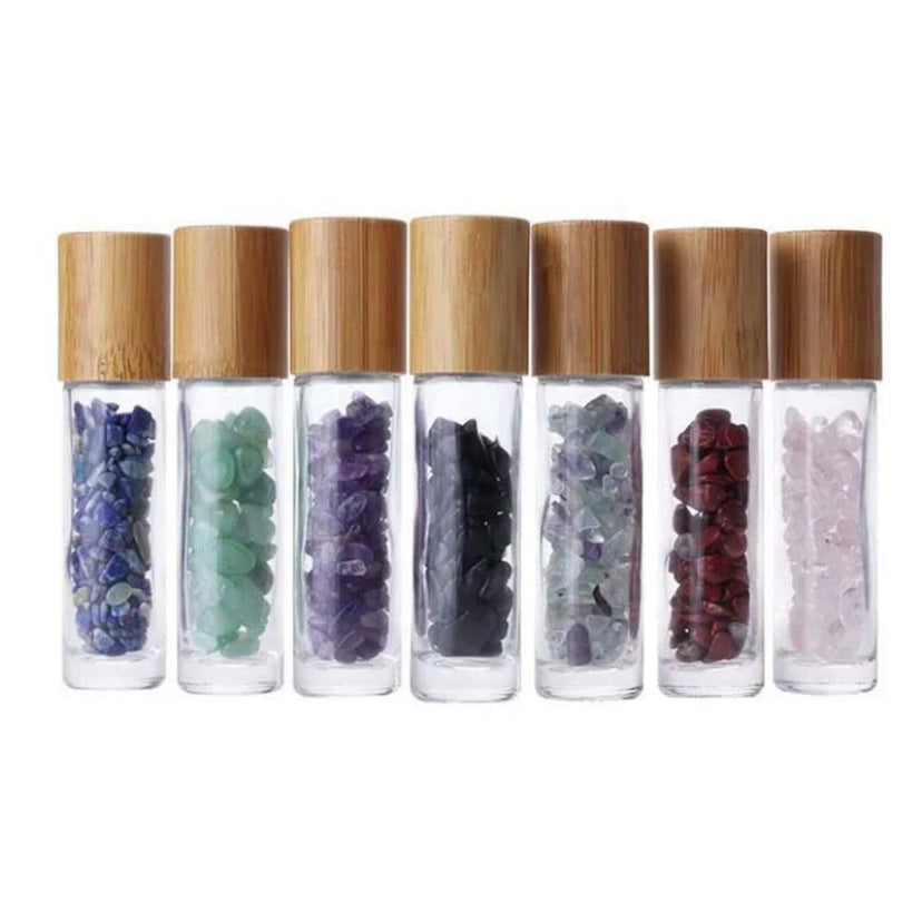 10ml crystal roller bottles for essential oils – amethyst, clear quartz, rose quartz, fluorite, red jasper, green aventurine, black obsidian, lapis lazuli, or empty – Kinesi Living DIY wellness