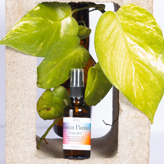 Germ Buster essential oil collection showing 10ml roller and 50ml spray - natural immune support environmental wellness Australia family safe