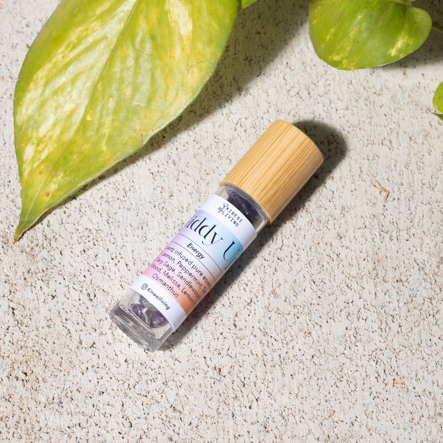 Giddy Up focus essential oil collection showing 10ml roller and 50ml spray - natural mental clarity concentration support Australia Clear Quartz infused
